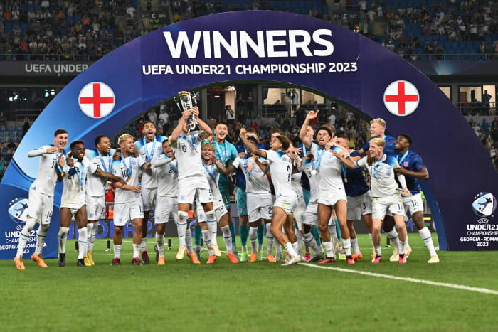 England's players pictured celebrating with their trophy after winning the 2023 UEFA European Under-21 Championship